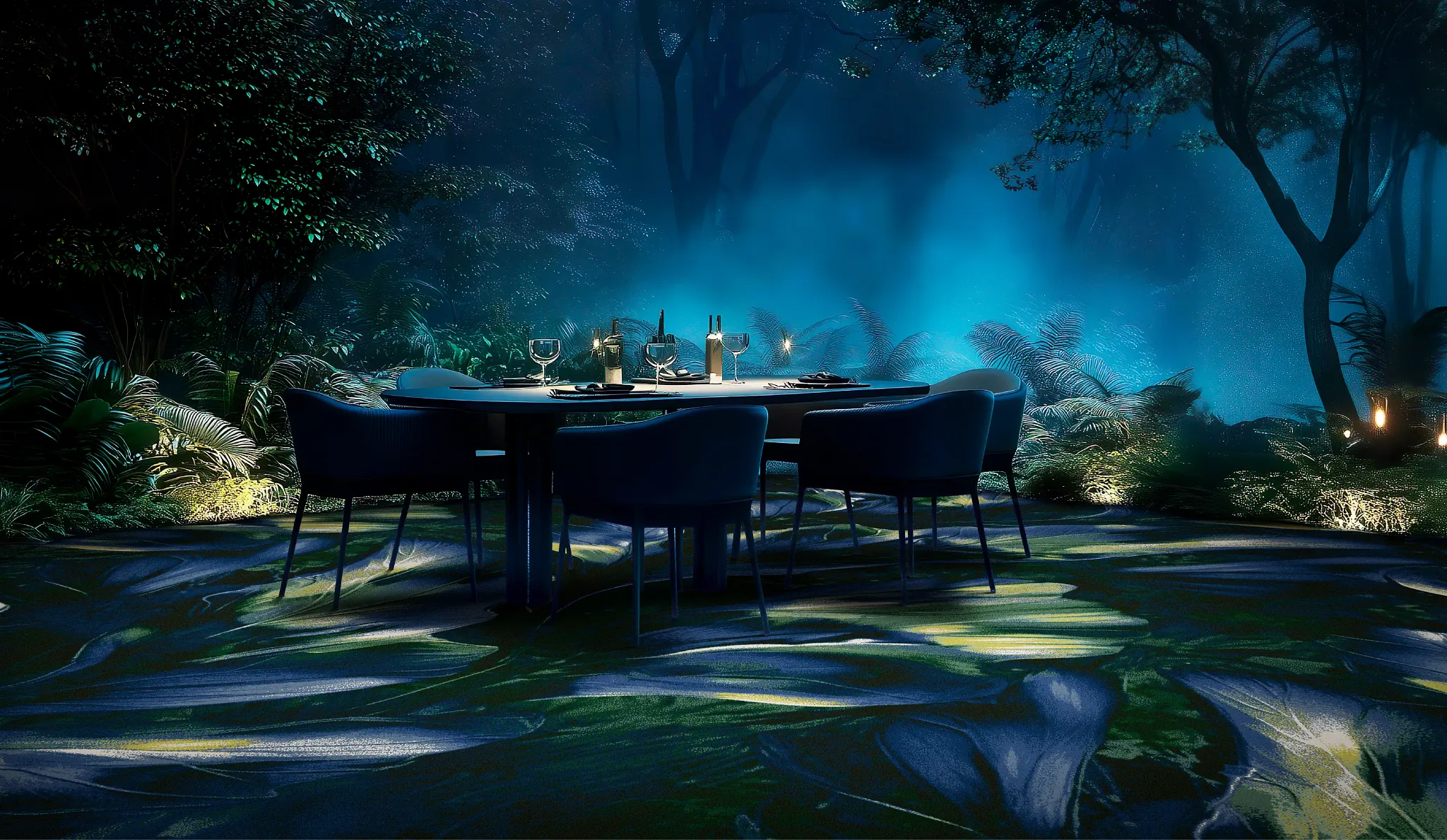 Outdoor dining area with nature-inspired flooring design