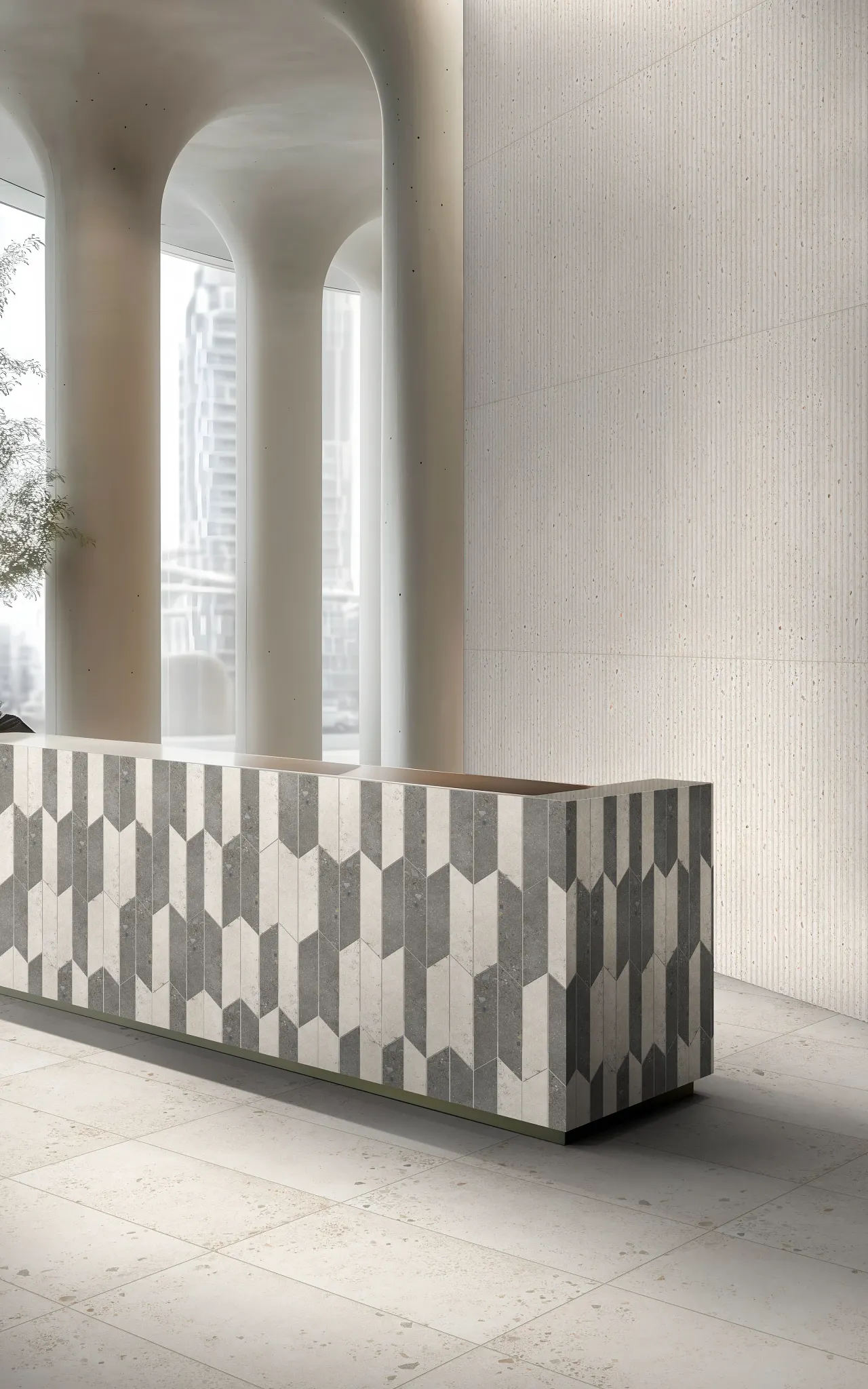 Modern reception area with geometric porcelain tile design