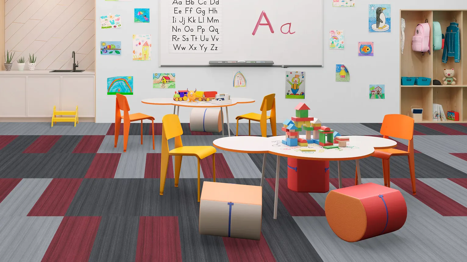 classroom with red and grey lvt