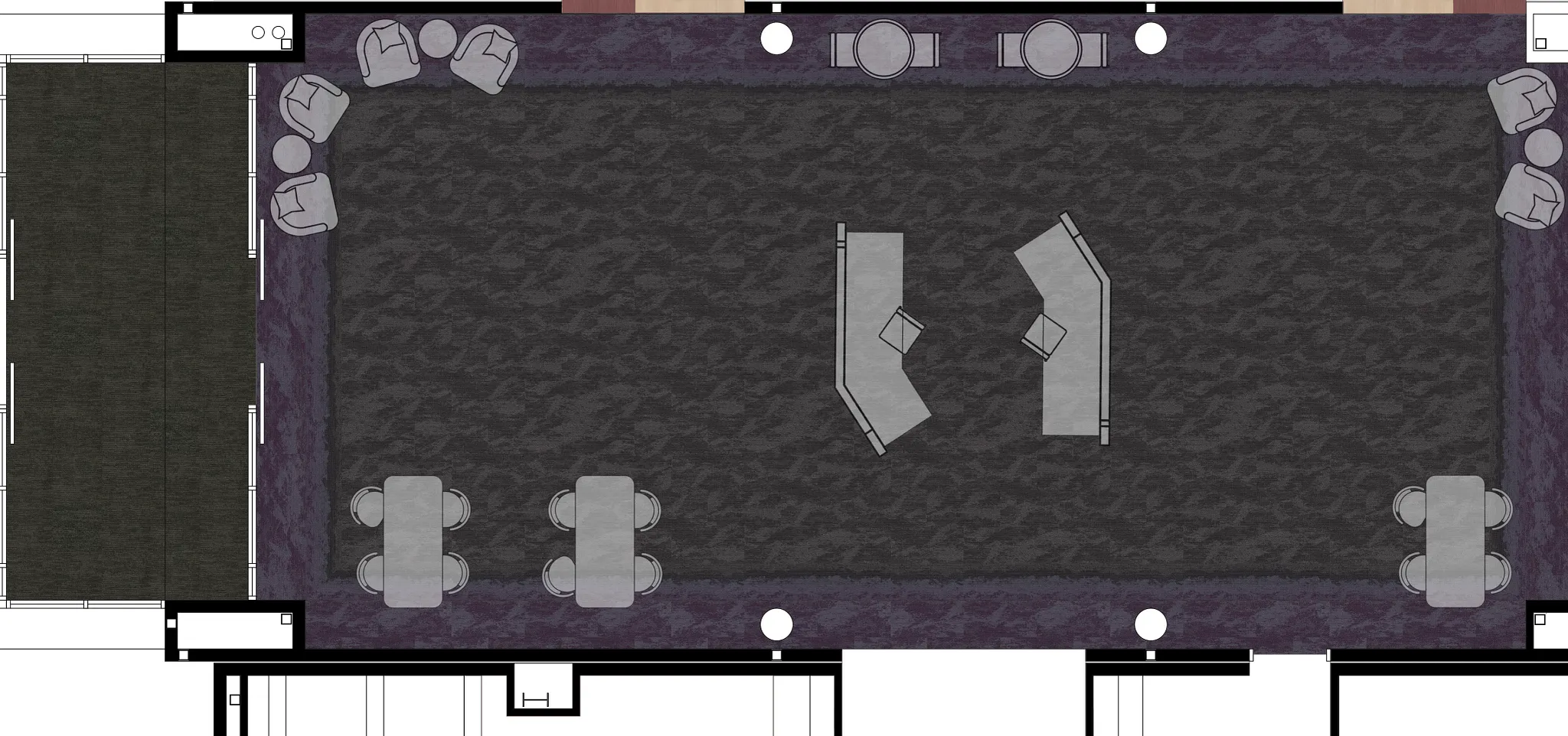 Office layout with dark patterned carpet flooring
