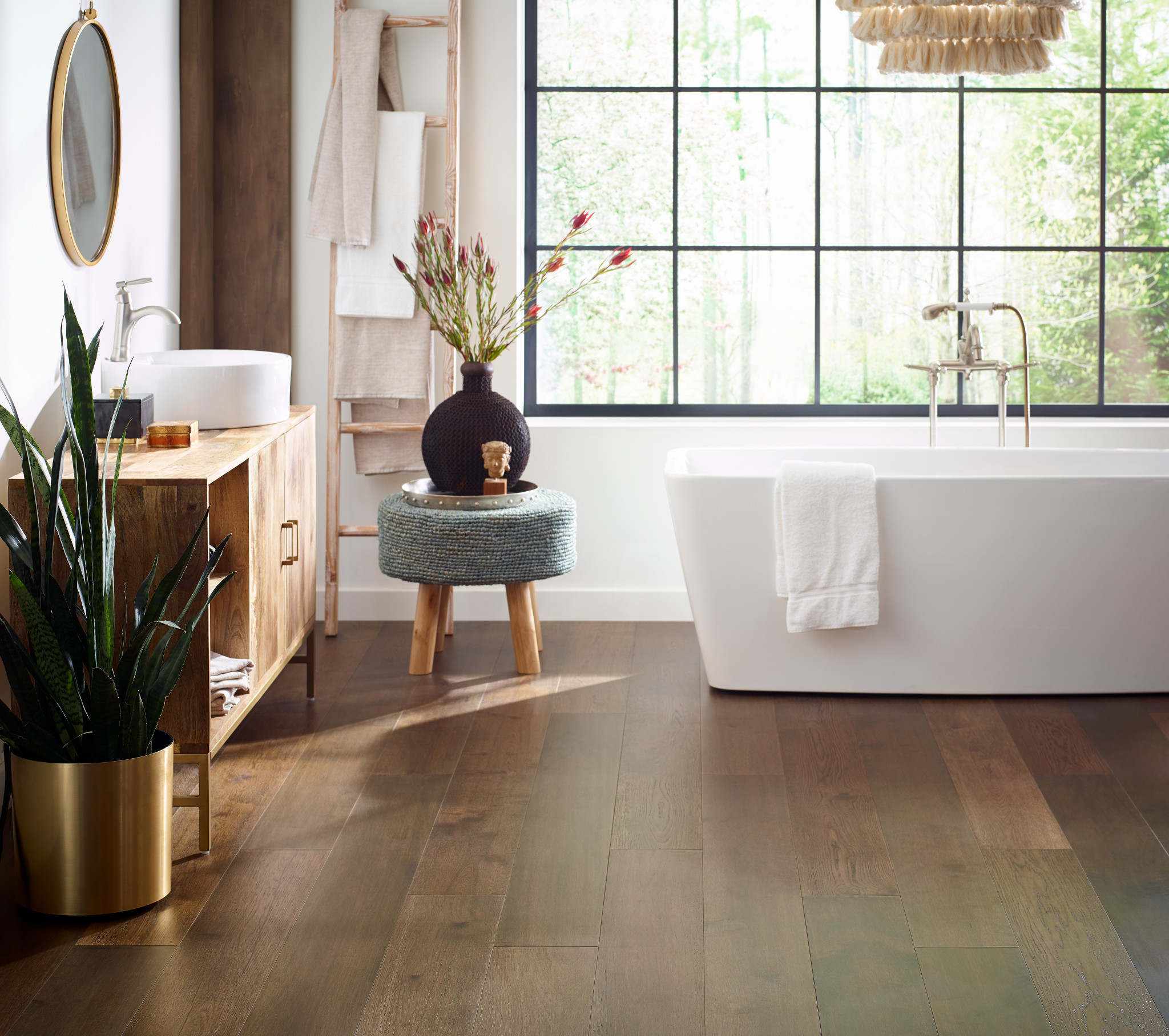 Bathroom with a large window and waterproof hardwood