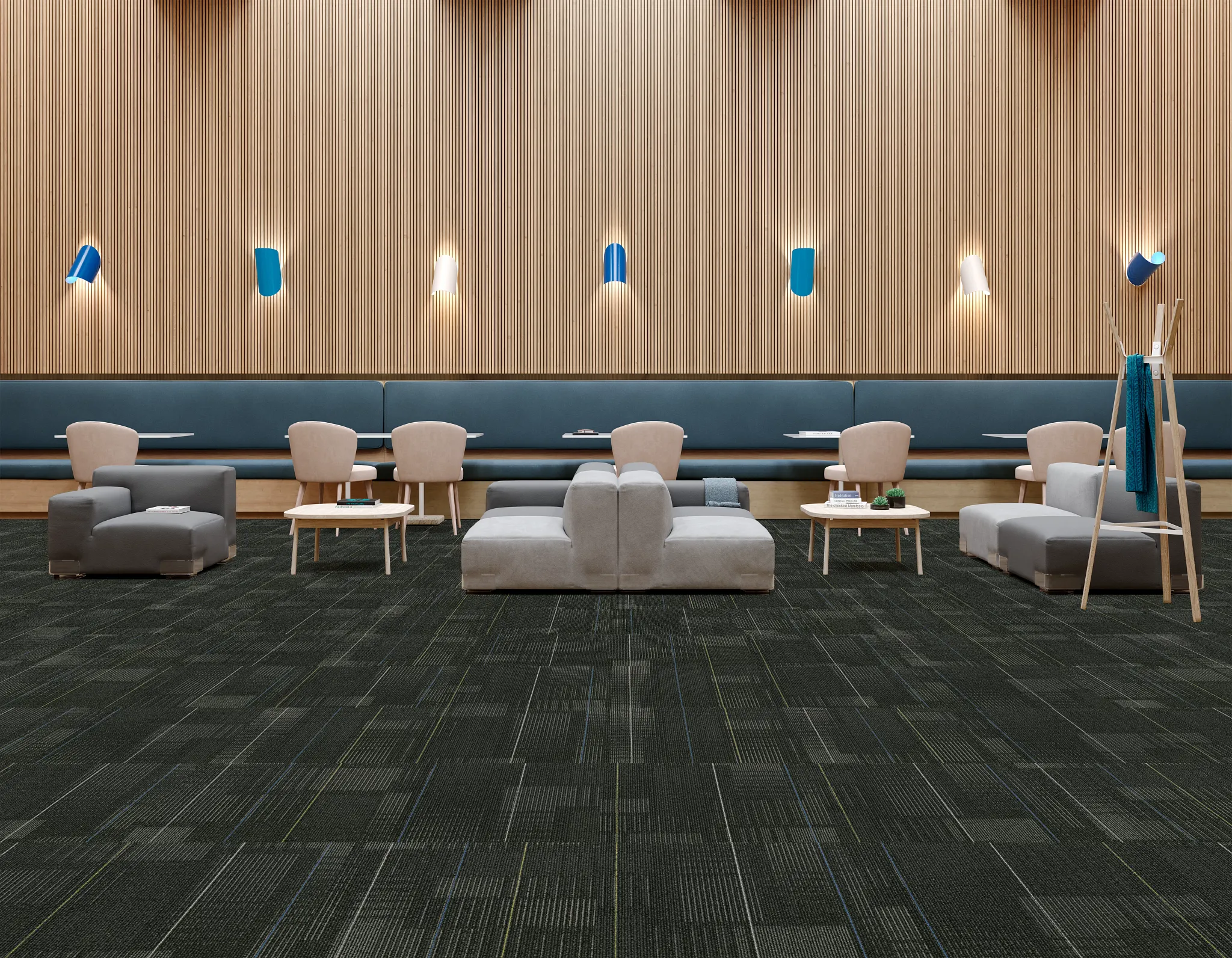 Modern education facility with commercial carpet tile flooring in dark tones, featuring 24x24 inch tiles