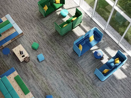 Education Facility with Commercial Carpet Tile Flooring and Vibrant Seating Curiosity in Prepare + Perceive + Experiment