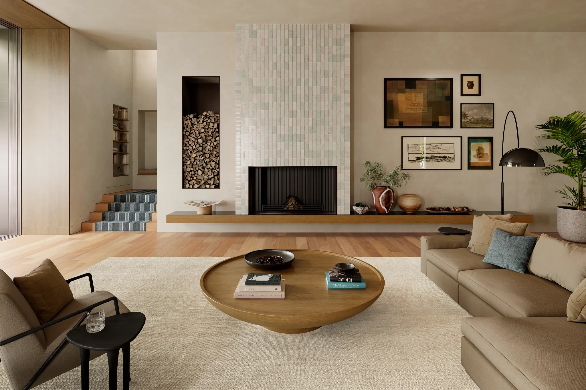 Modern living room with beige 100% wool carpet, neutral tones, and contemporary decor