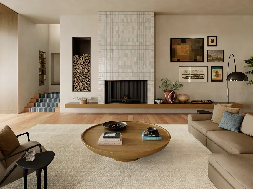 Elegant Living Room with Beige Wool Carpet and Modern Decor Modern living room with beige 100% wool carpet, neutral tones, and contemporary decor