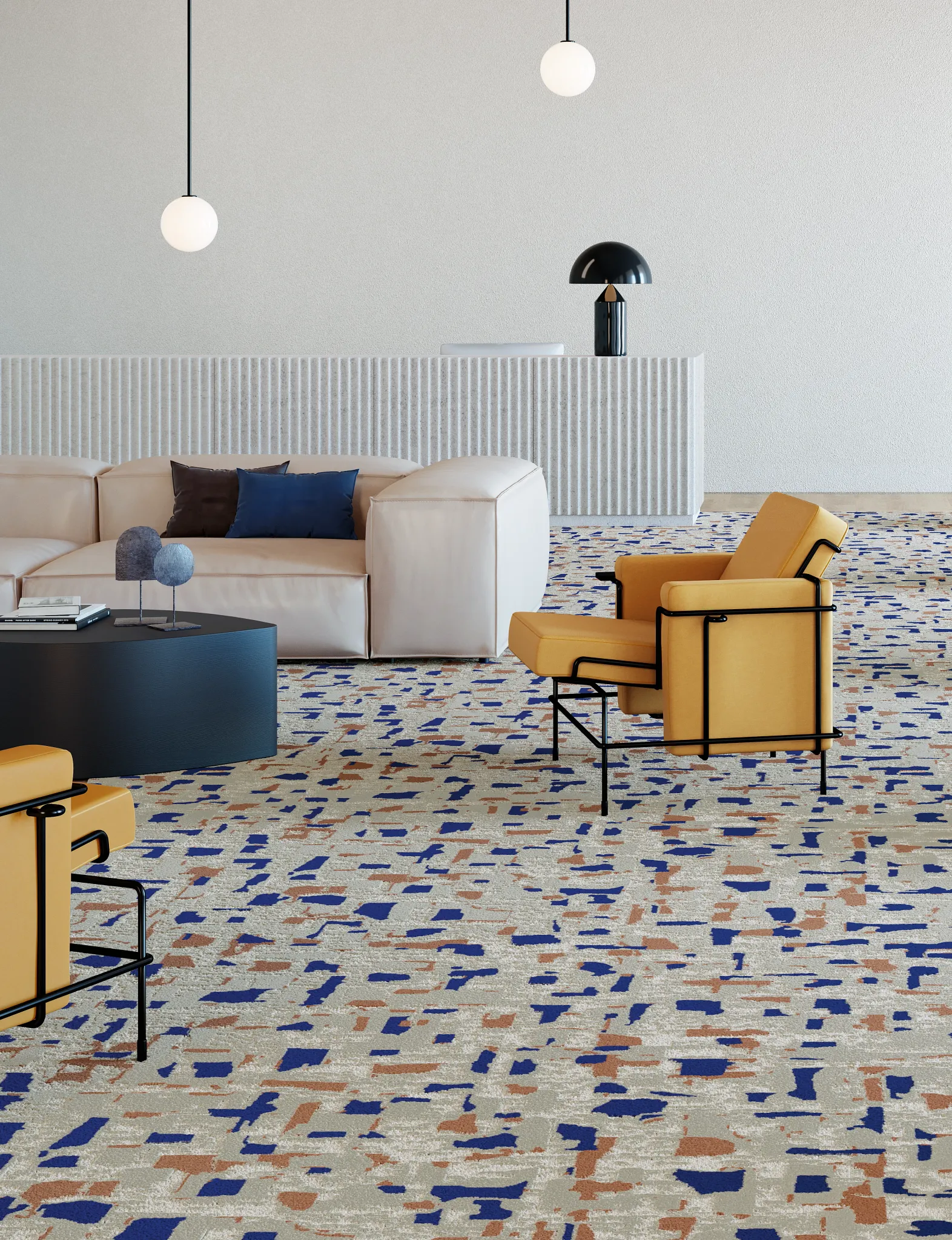 Share Broadloom carpet from the Community Collection in a contemporary lounge setting featuring abstract blue and tan patterning, lounge seating and modern furnishings.