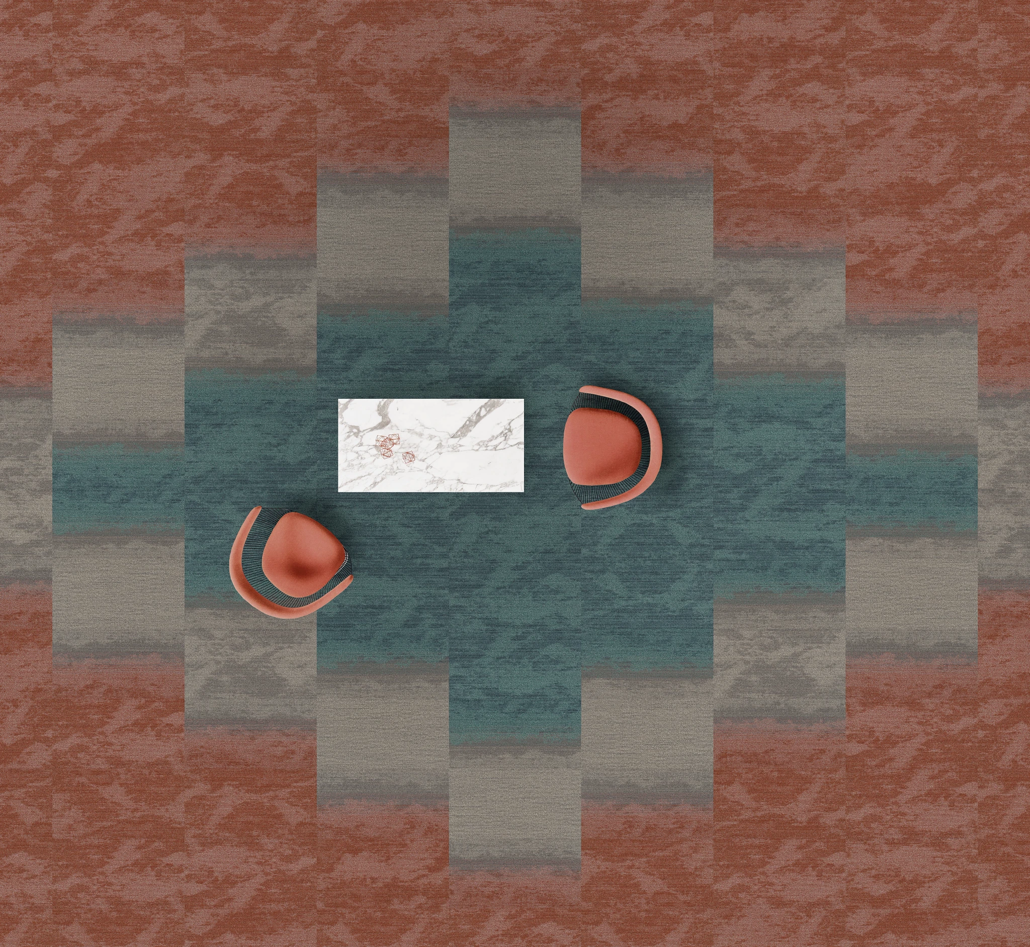 Overhead view of a modern office space featuring a geometric pattern of commercial carpet tiles in shades of rust, teal, and gray with two orange chairs and a white marble table
