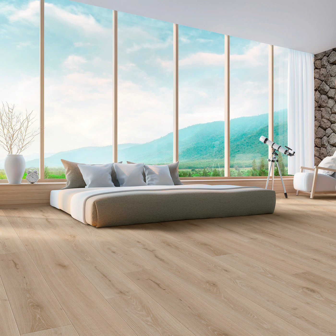 Soft Taupe Oak flooring, shown in a room