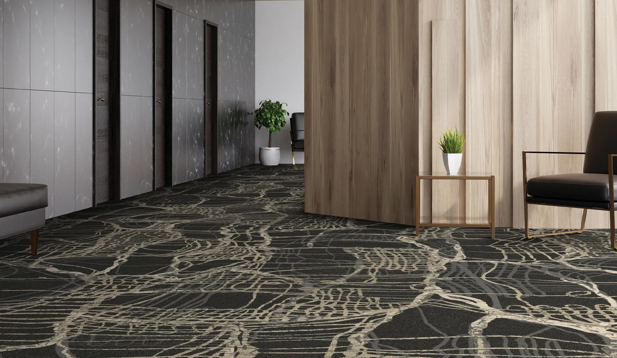 Modern office hallway with abstract patterned commercial carpet tile in black and beige, featuring wooden panel walls and contemporary furniture