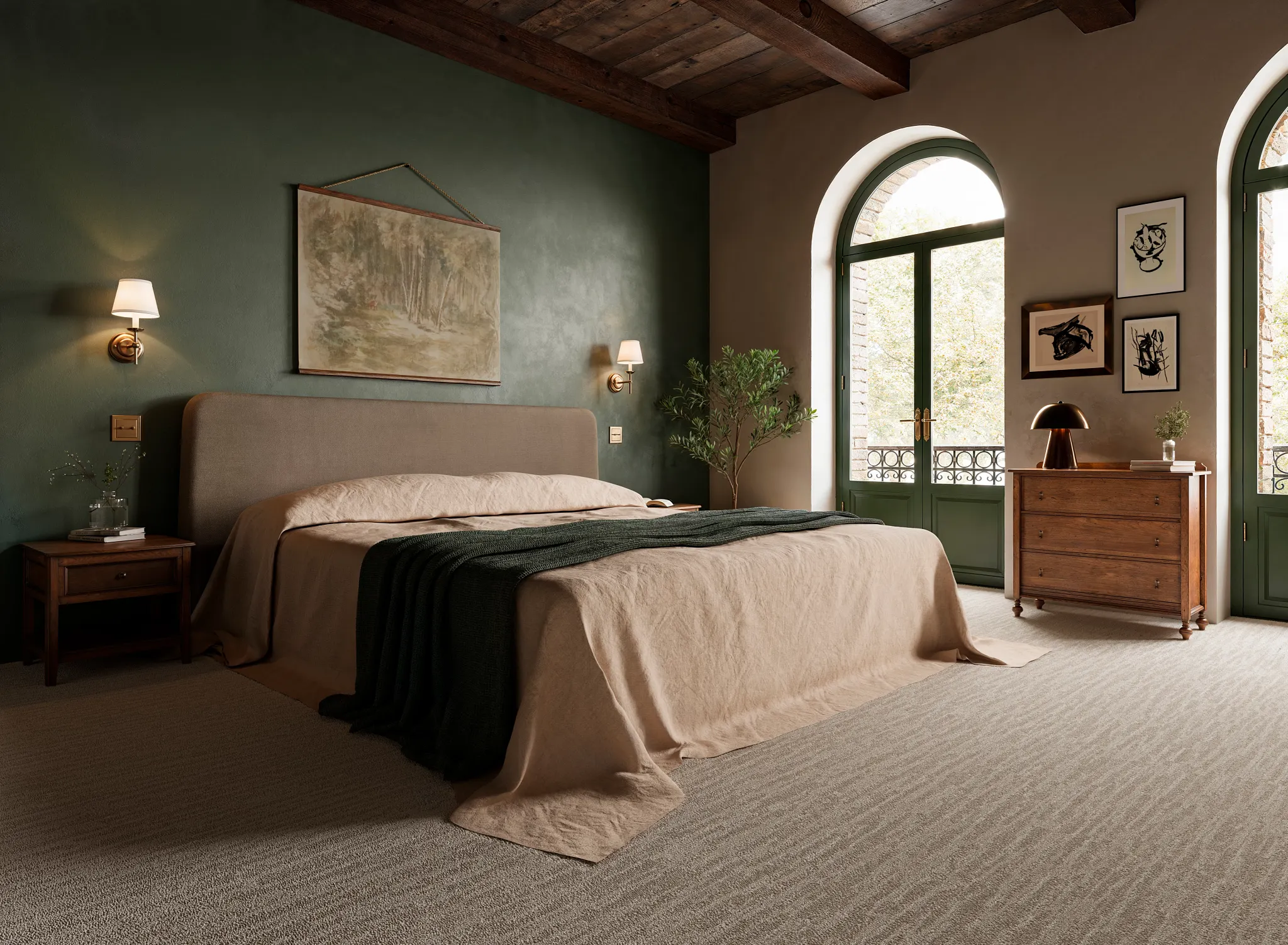 Elegant bedroom with green walls, large windows, and beige carpet flooring