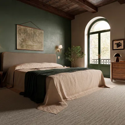 Gray Patterned Carpet with Textured Design Next to Green Chair Gray patterned carpet with a textured design next to a green metal chair on a tiled floor