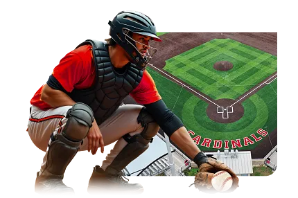Artificial Turf Baseball Field with Catcher in Gear Baseball catcher in protective gear on artificial turf baseball field