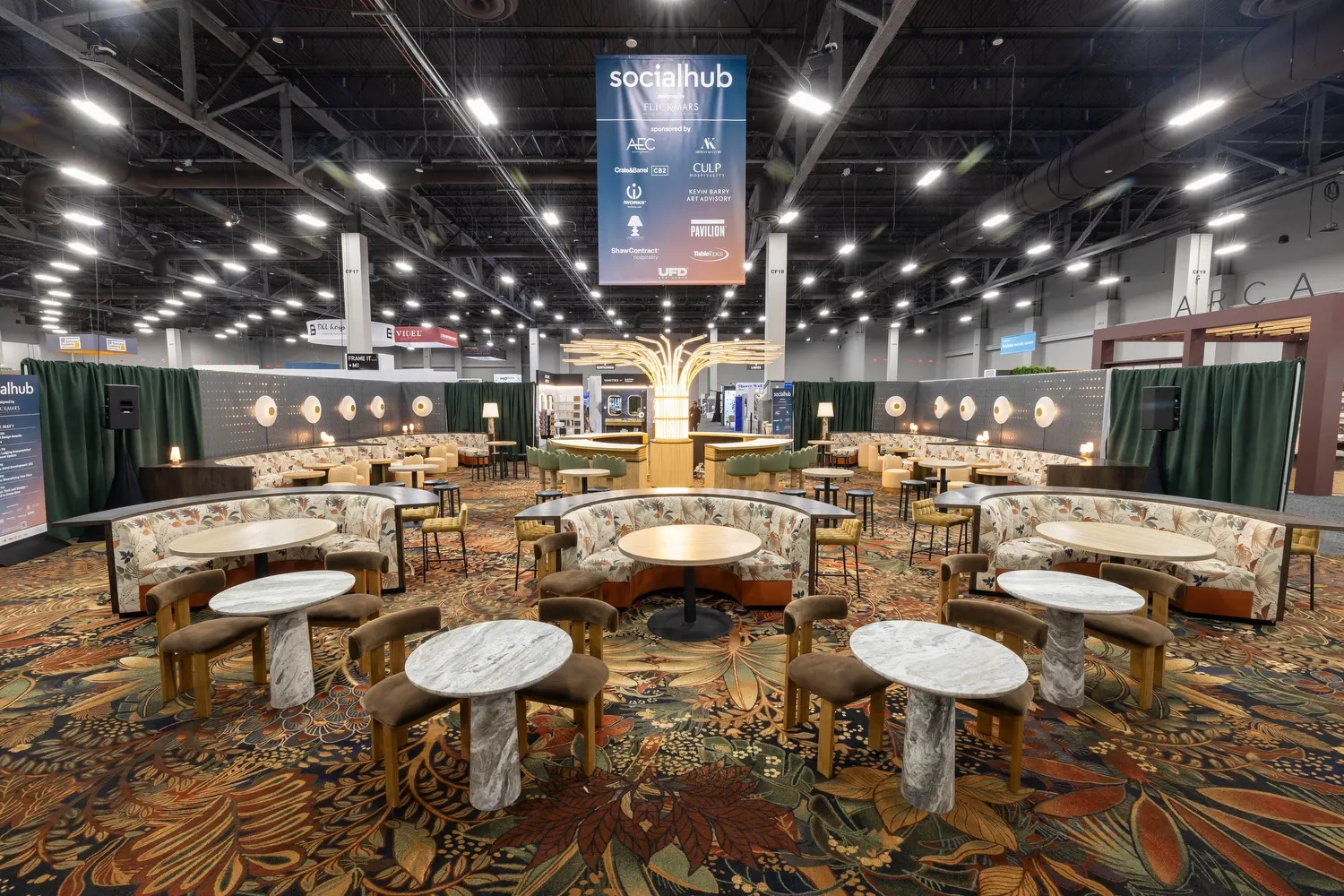 Vibrant floral carpet in a social hub setting