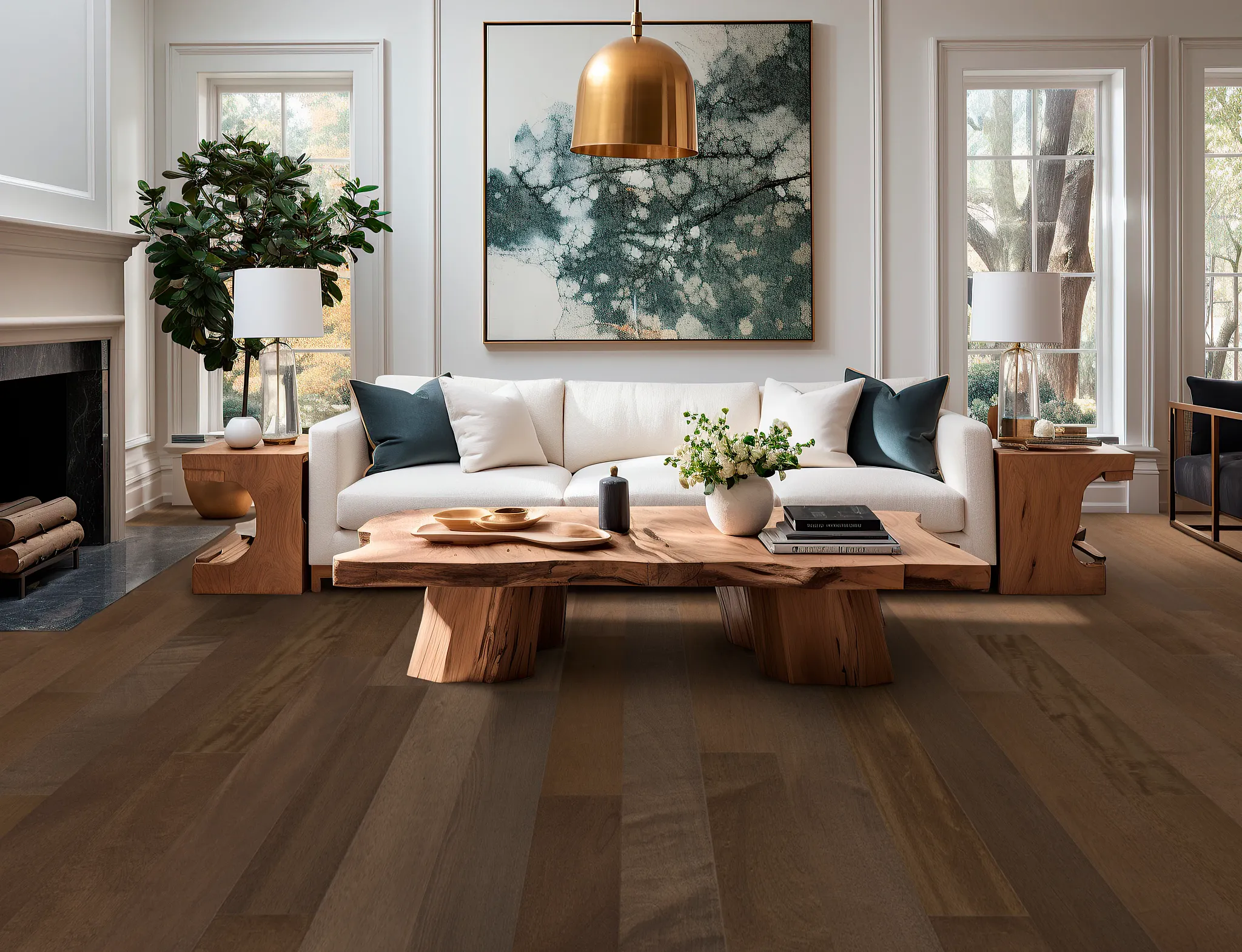 Elegant living room with hardwood flooring, featuring a white sofa, wooden coffee table, and modern decor