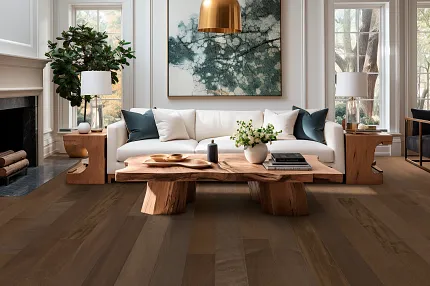 Stylish Living Room with Hardwood Flooring and Contemporary Decor Elegant living room with hardwood flooring, featuring a white sofa, wooden coffee table, and modern decor