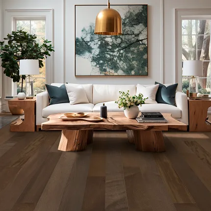 Stylish Living Room with Hardwood Flooring and Contemporary Decor Elegant living room with hardwood flooring, featuring a white sofa, wooden coffee table, and modern decor