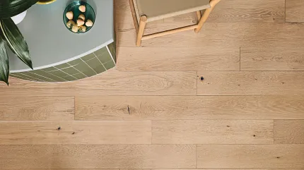 Premium Light Oak Hardwood Flooring for Contemporary Spaces Top view of a light oak hardwood flooring in a modern room with a green plant and a chair