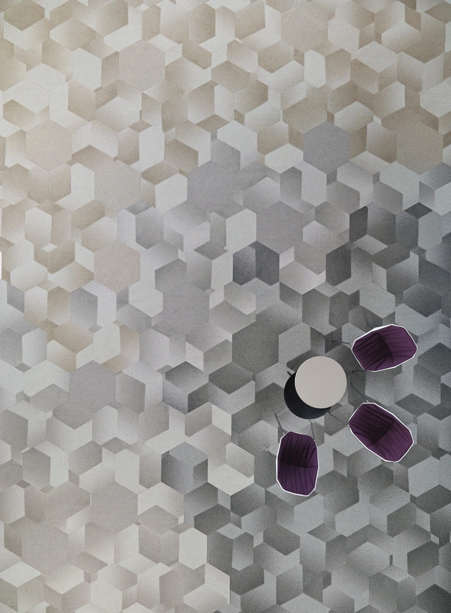 Geometric patterned commercial carpet tile in shades of gray with purple chairs and a round table
