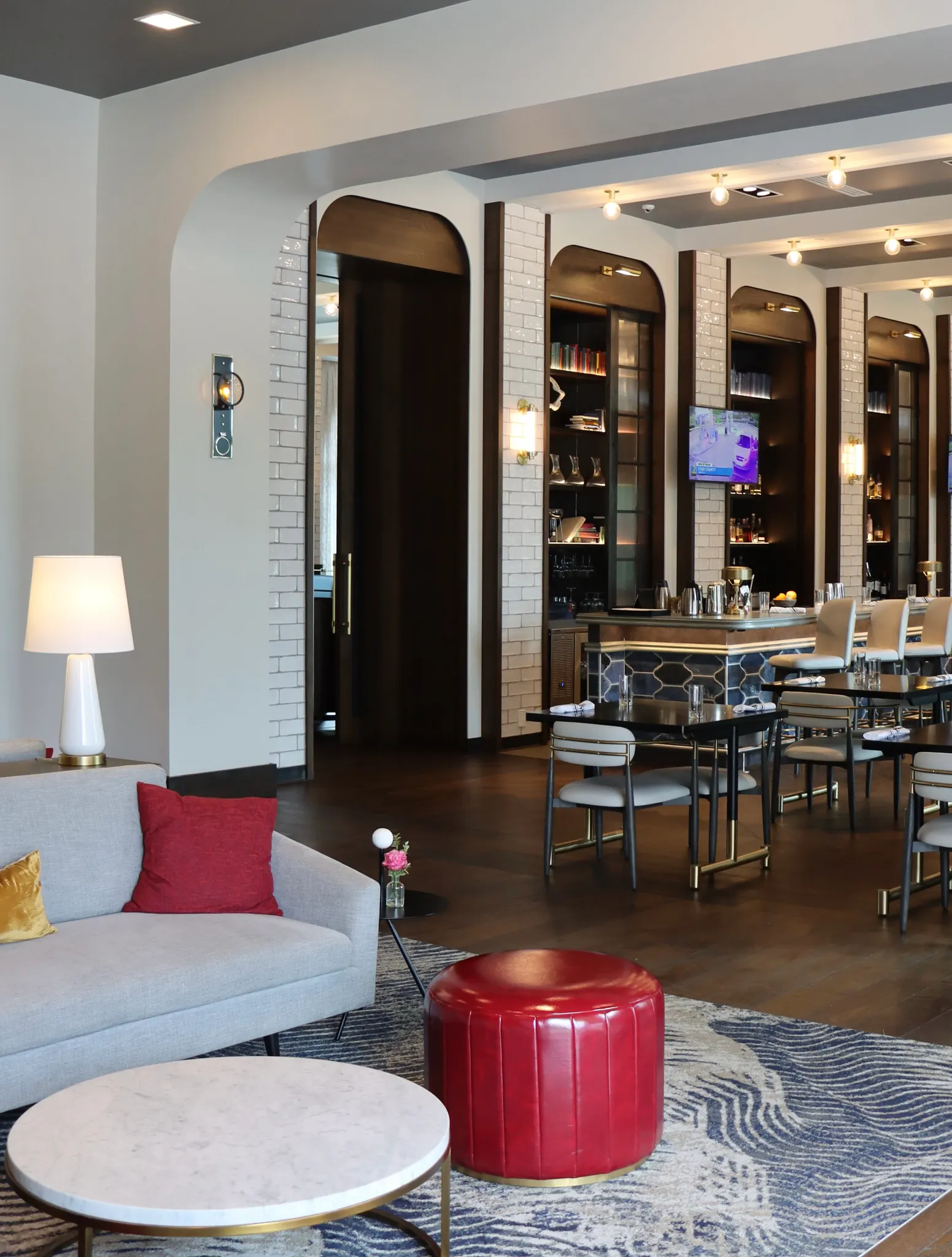 Modern hospitality lounge with elegant hardwood flooring