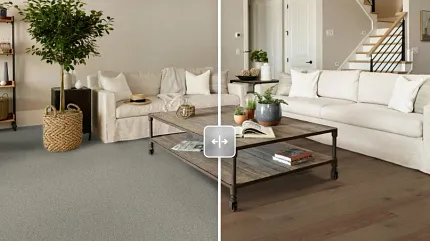 Our room visualizer tool to view different Shaw Floors products and installation methods in your room Two different flooring types, carpet and hardsurface, compared using the Roomvo Visualizer tool