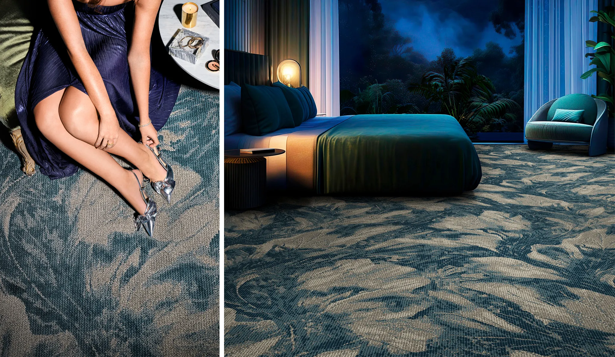 Luxurious patterned carpet in elegant bedroom setting