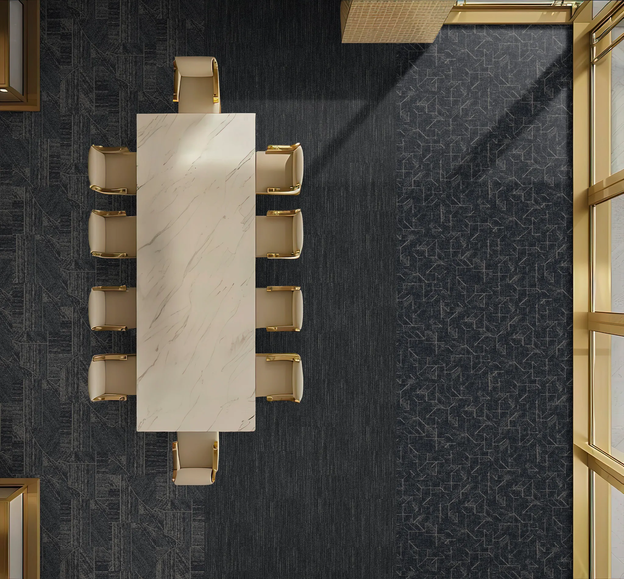 Overhead view of a modern conference room with a long marble table surrounded by beige chairs on dark patterned commercial carpet tile