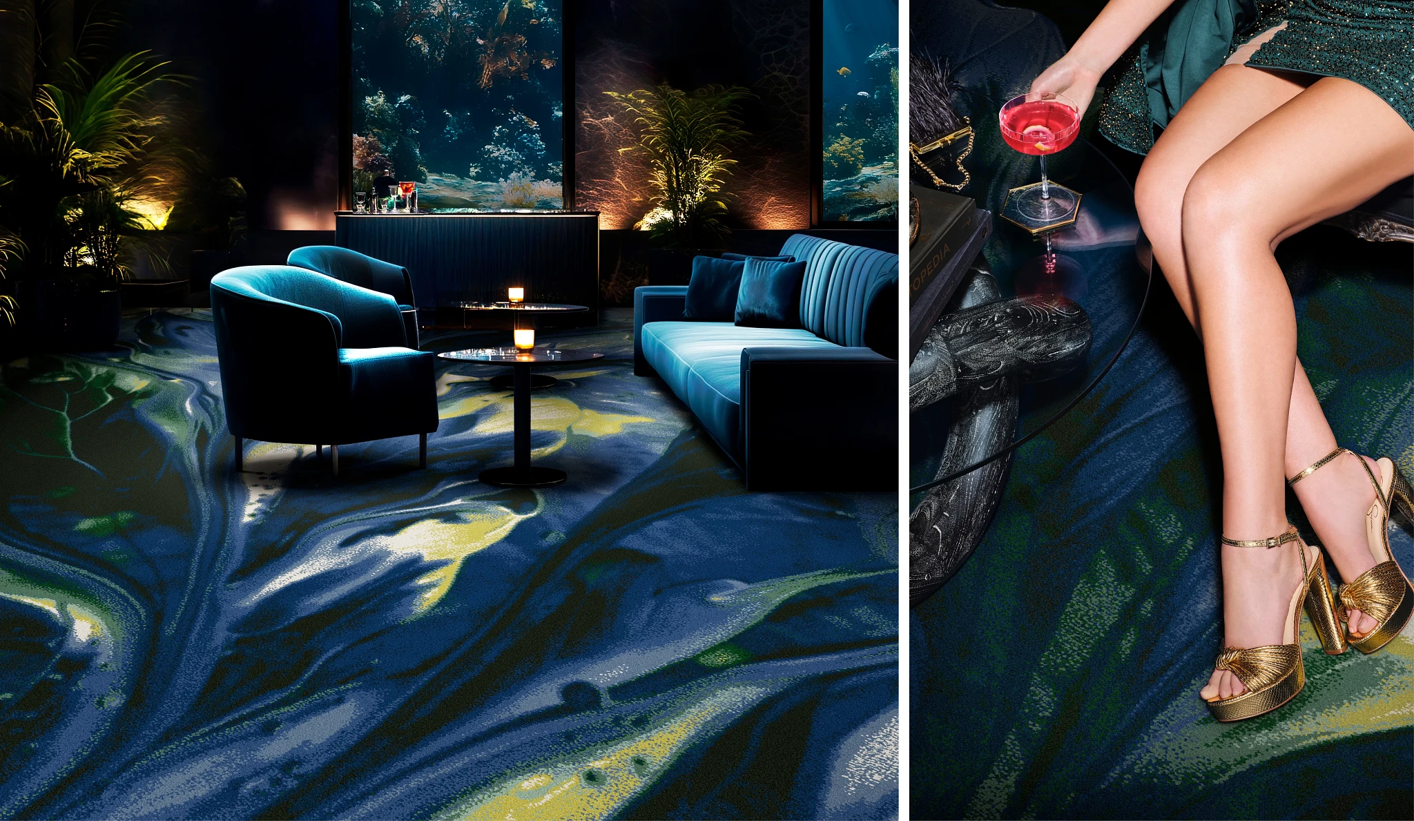 Luxurious lounge with abstract blue and green carpet design