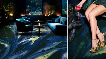 Stylish abstract carpet for modern interiors Luxurious lounge with abstract blue and green carpet design