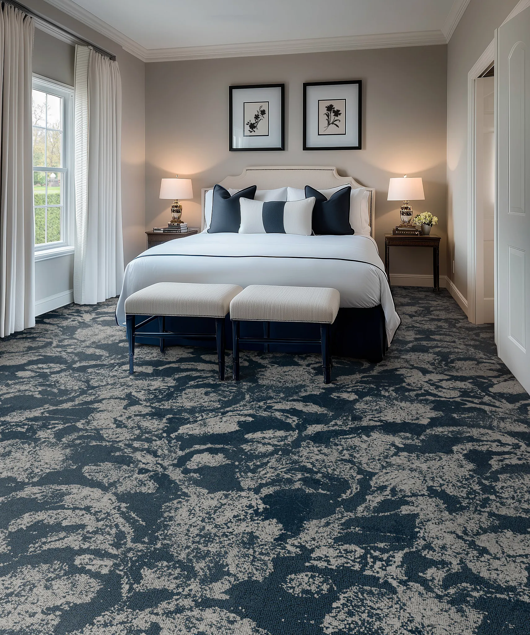Luxurious bedroom with patterned carpet flooring