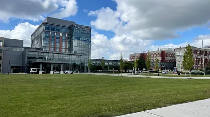 Contemporary architecture with lush landscape Modern building with glass facade and green lawn under blue sky