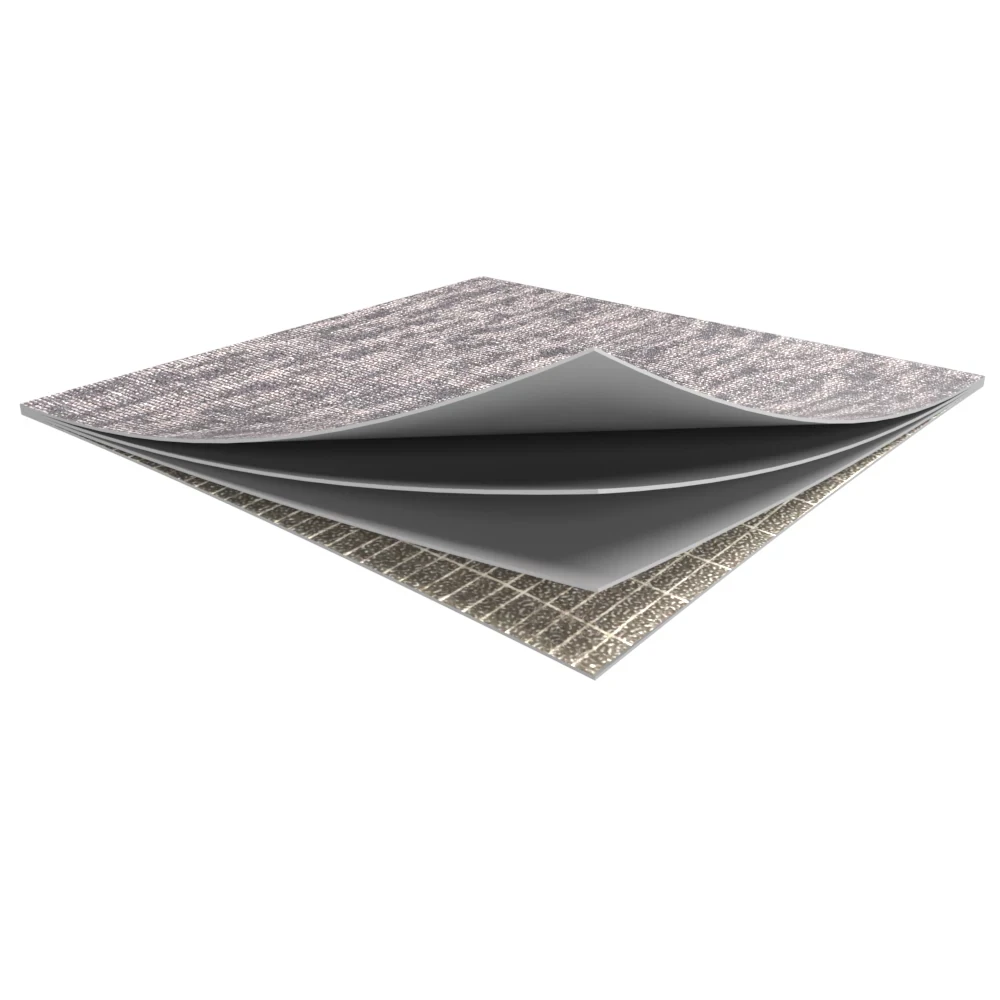 Layered flooring swatch showing construction details with a textured gray top layer