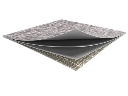 Layered Flooring Swatch with Textured Gray Top Layer Layered flooring swatch showing construction details with a textured gray top layer