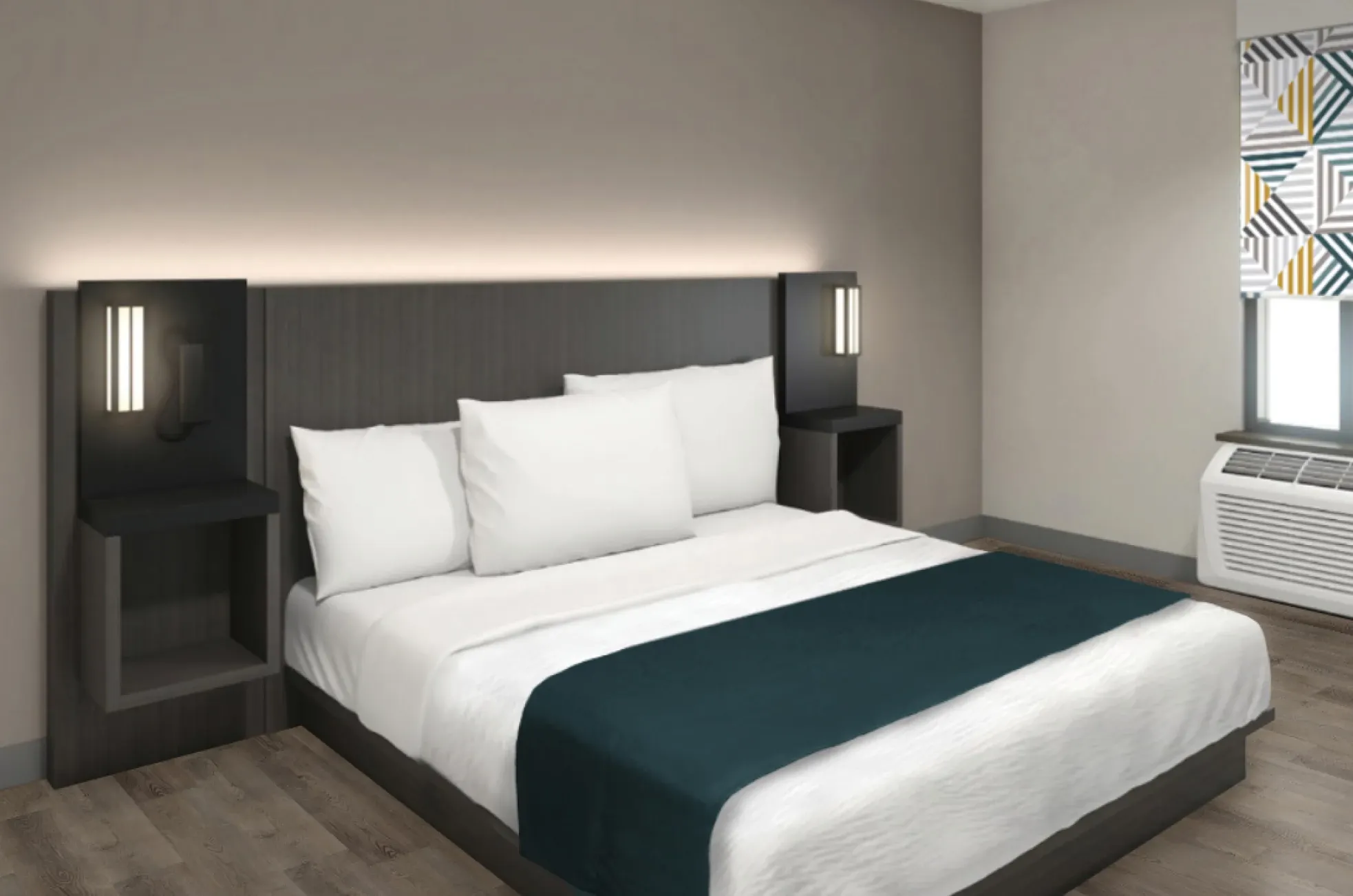 Modern hotel room with a double bed, teal accents, and patterned window blinds, featuring wood-look flooring