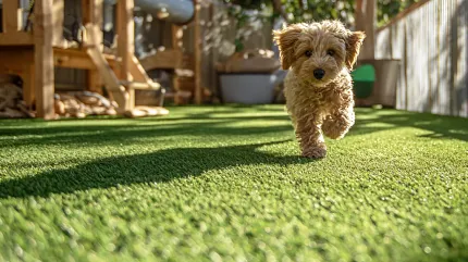 Durable artificial turf for pet-friendly outdoor spaces Artificial grass in a sunny backyard with a playful puppy