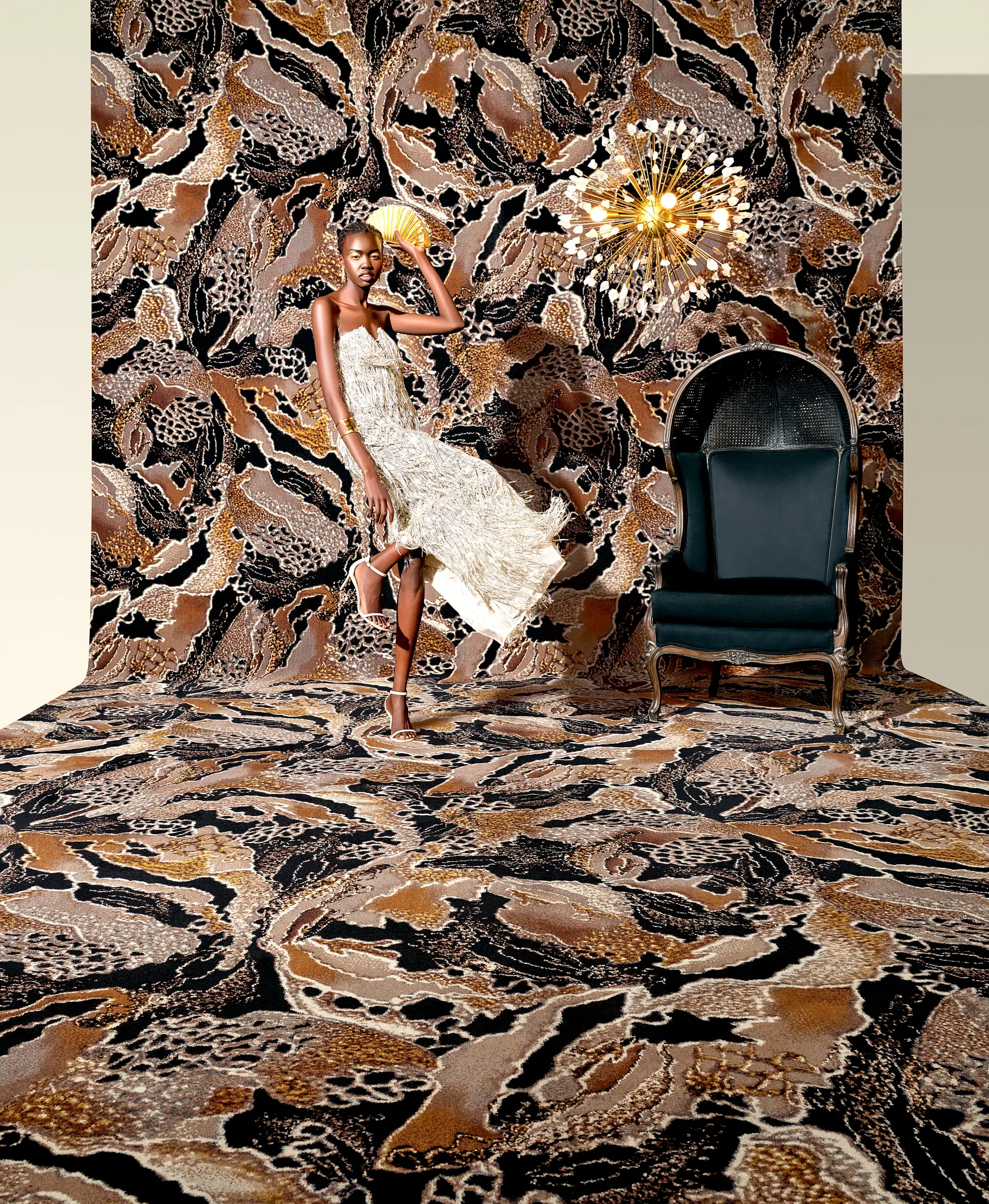 Abstract patterned carpet in brown, black, and beige tones with elegant woman and chair