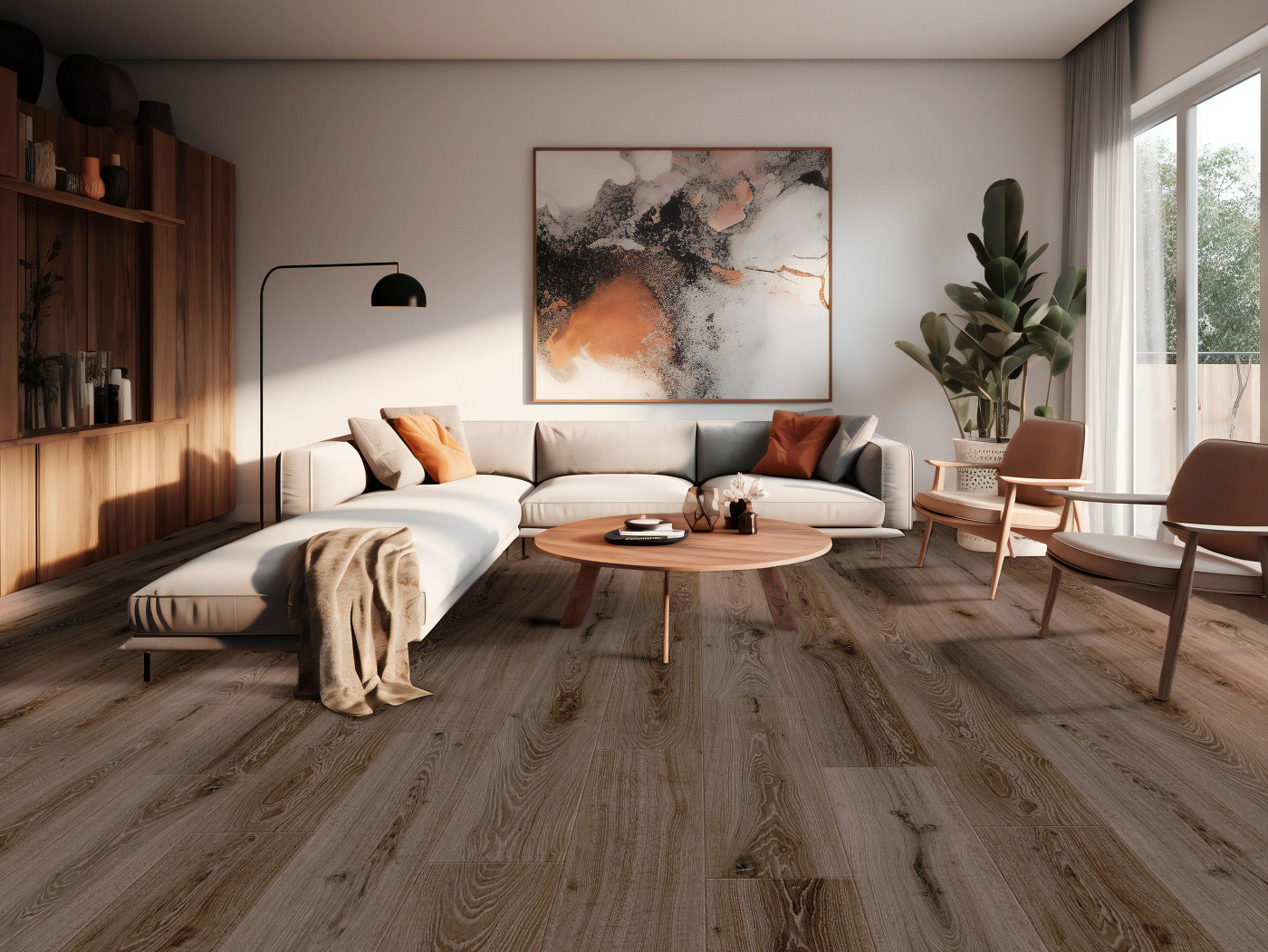 Obsidian Oak flooring, shown in a room
