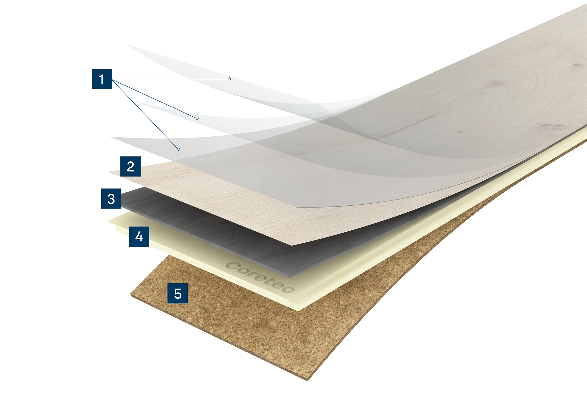 Cross-section view of luxury vinyl plank flooring layers showcasing construction details including wear layer, design layer, core layer, and cork underlayment