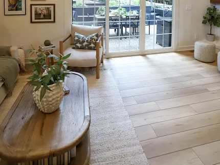 Contemporary Living Room with Wood Look LVP Flooring Modern living room with large windows and wood look luxury vinyl plank flooring
