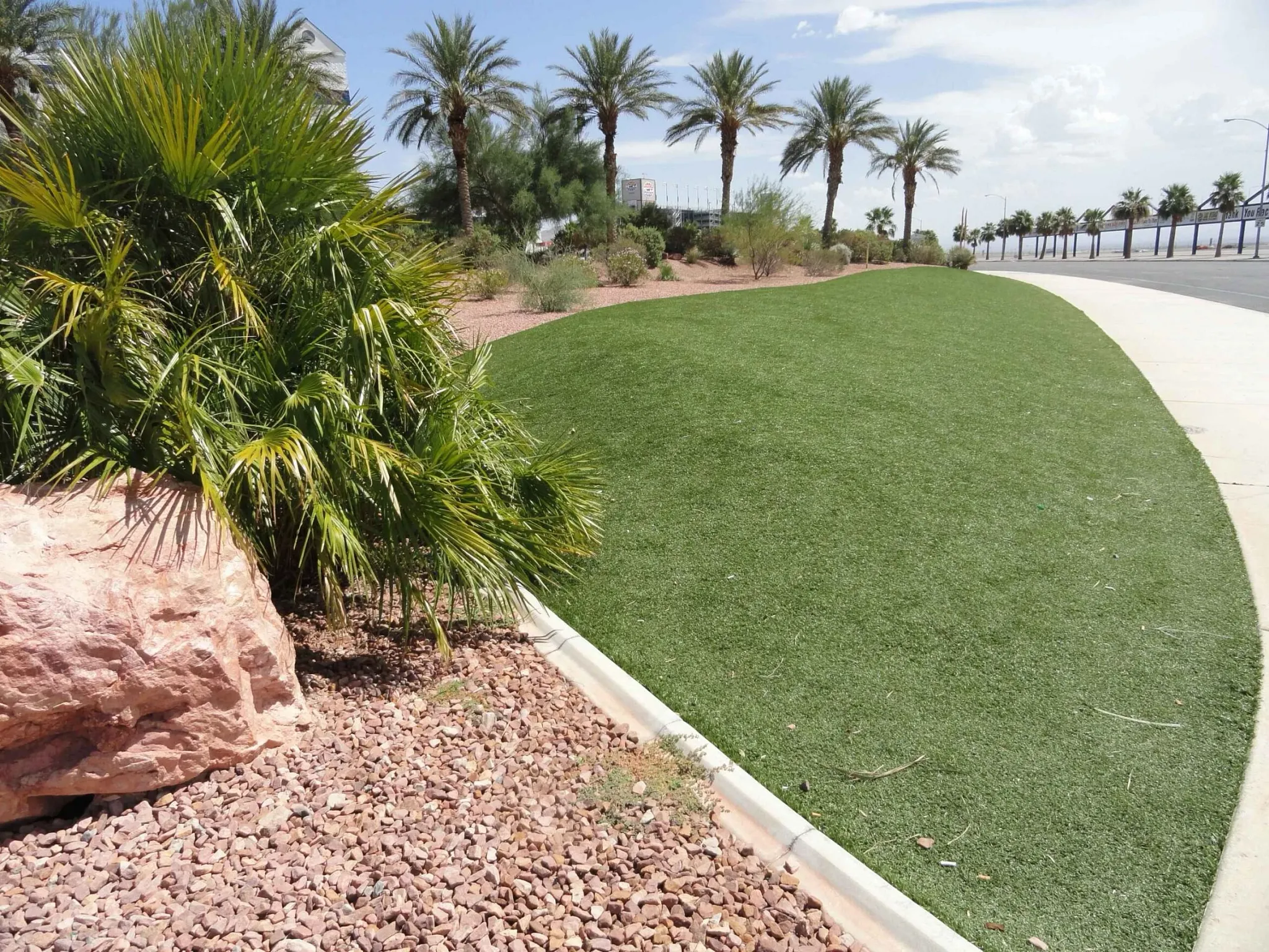 Artificial grass landscape with palm trees and rocks