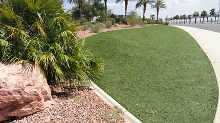Durable artificial turf for outdoor spaces Artificial grass landscape with palm trees and rocks