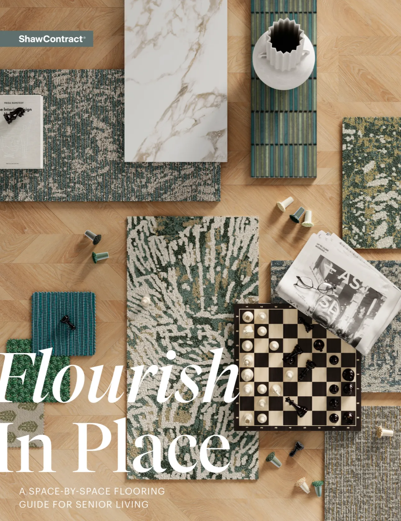 Assorted flooring samples with chessboard and decor