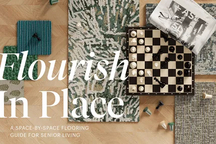 Diverse flooring options for senior living spaces Assorted flooring samples with chessboard and decor