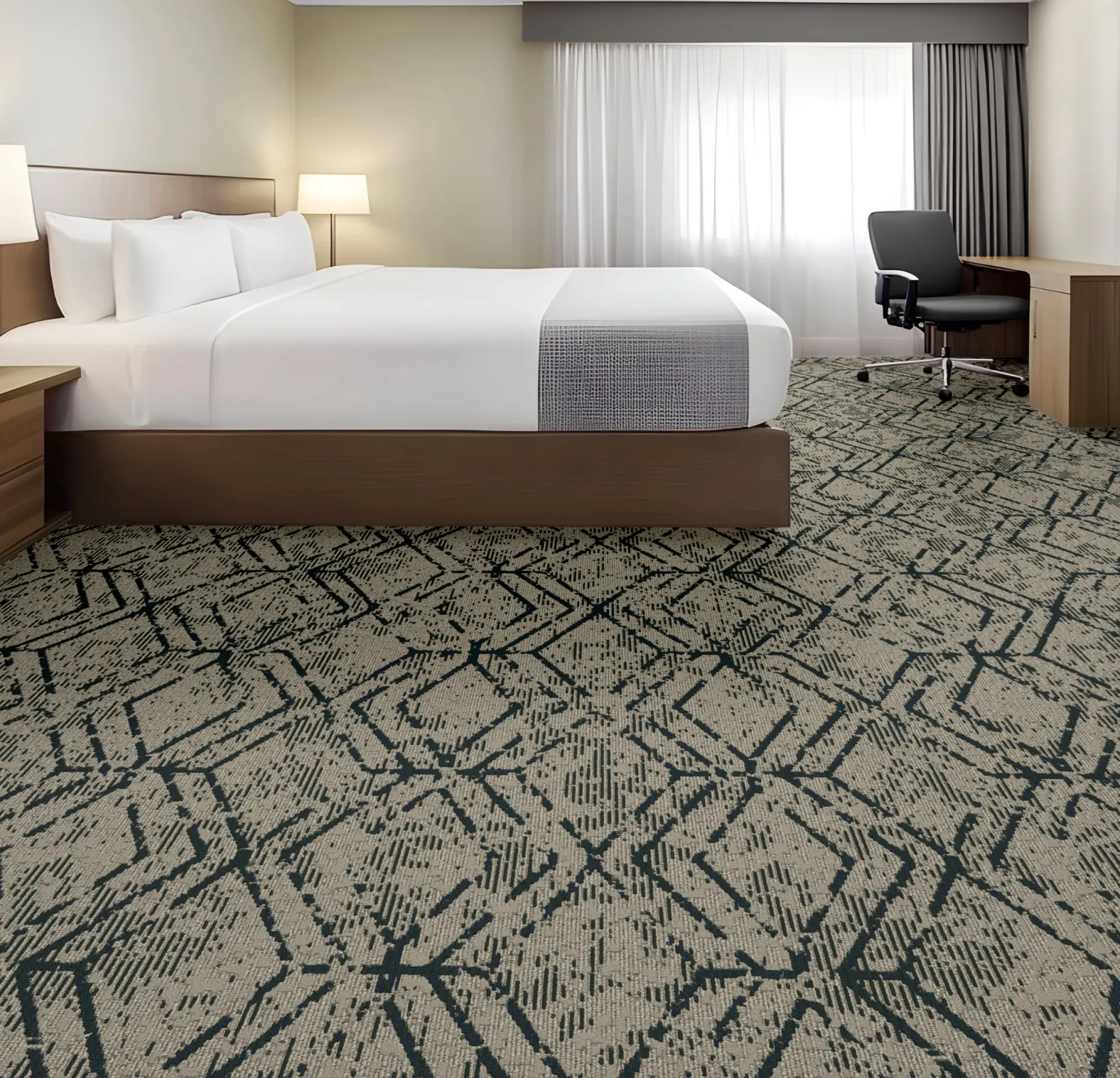 Modern hotel room with patterned carpet flooring
