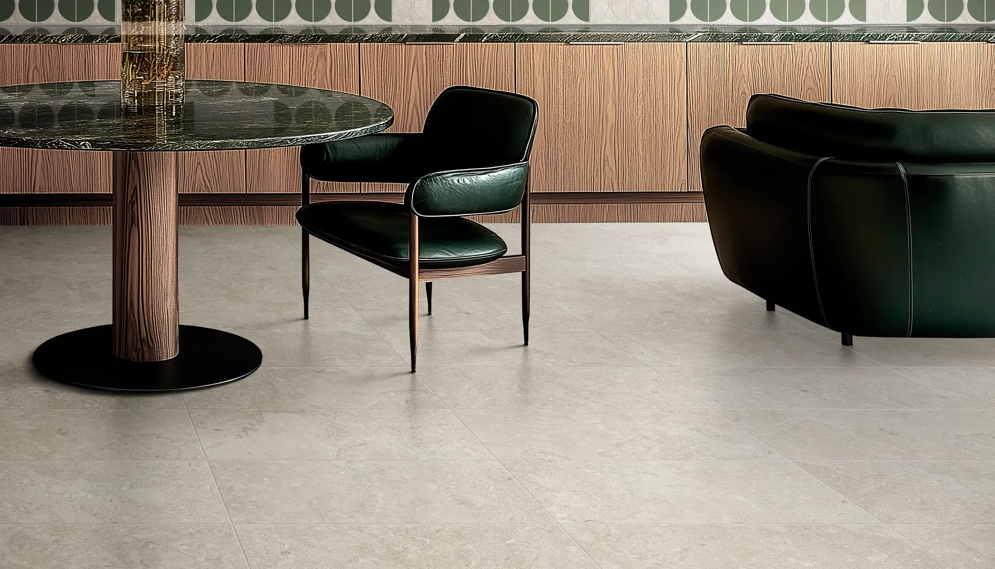 Porcelain tile flooring in a stylish dining area with green leather chairs