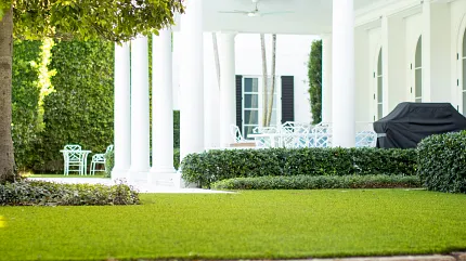 Serene patio setting with lush greenery Elegant outdoor patio with white columns and green lawn