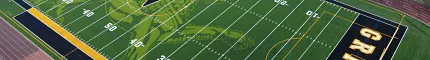 Aerial view of a football field with artificial turf featuring Vianney and Griffins logos