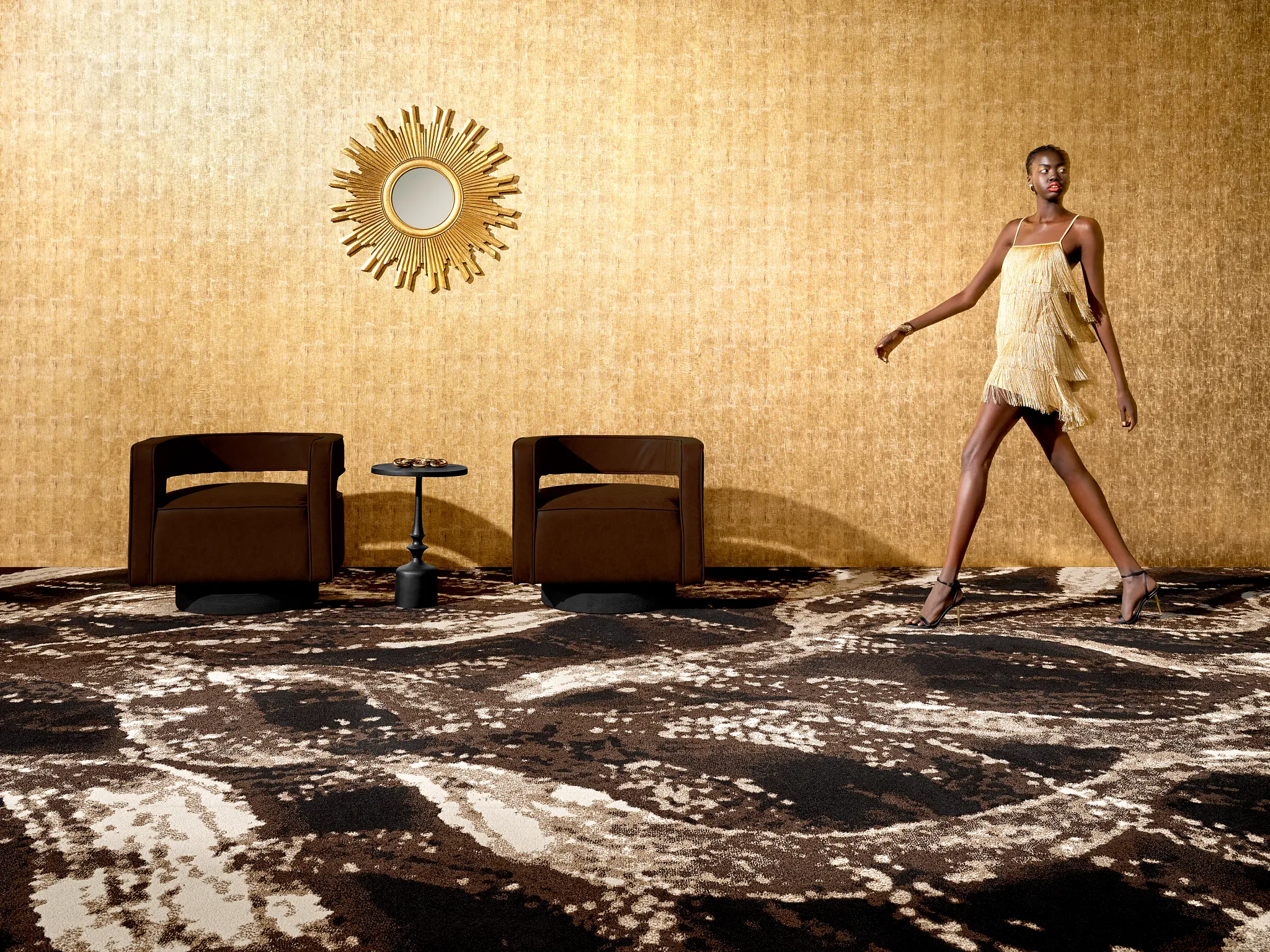 Modern living room with abstract patterned carpet and stylish decor