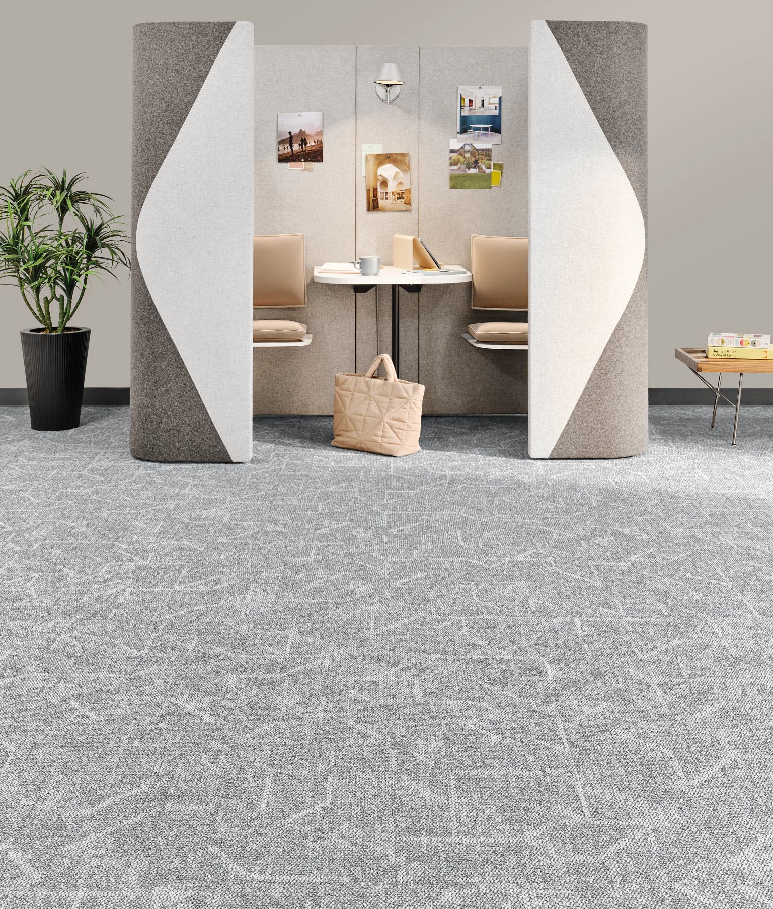 a beautiful work room featuring grey neutral carpet tile
