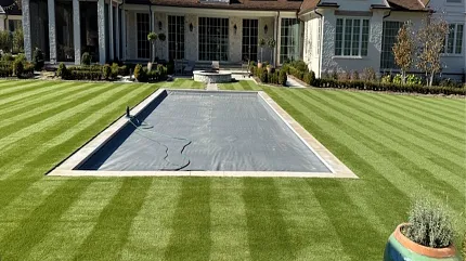 Beautiful garden landscape with pool and lawn Manicured lawn with covered pool in front of elegant house