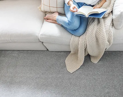 Soft Gray Carpet Flooring in a Cozy Living Room Scene Cozy living room scene with a woman reading on a light gray sofa, featuring soft gray carpet flooring